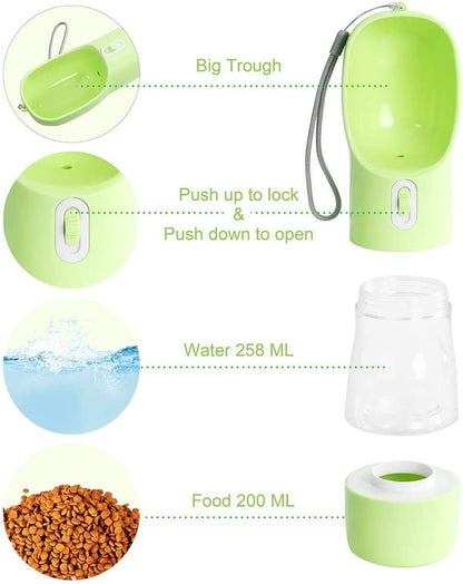 Leak-Proof Portable Dog Water Bottle with Bowl & Food Container - Perfect for Hiking & Travel, Dishwasher Safe and Durable Green Design